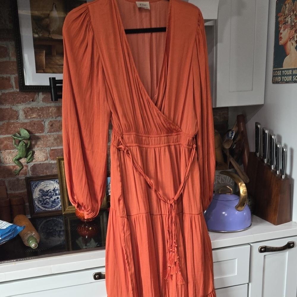 Elie Tahari Orange Long-Sleeve Wrap Maxi Dress
